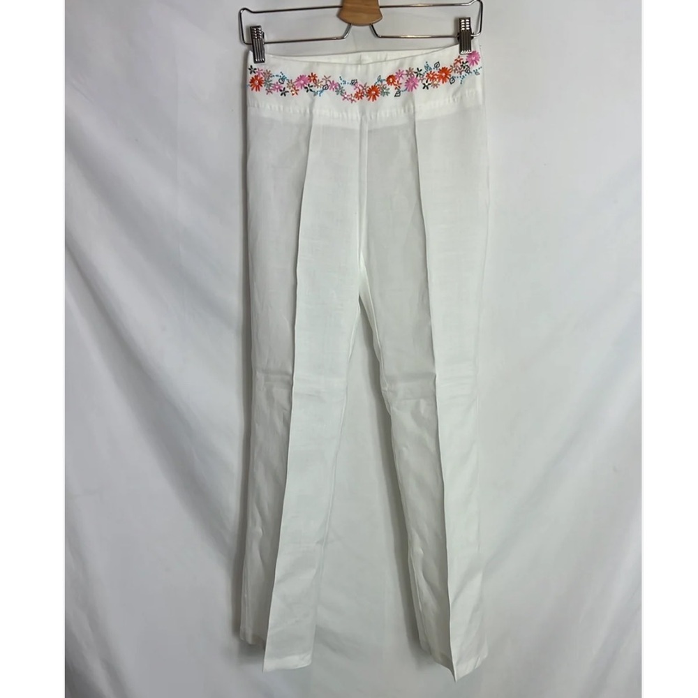 Naf Naf White Embroidered linen White Trouser Pants Eur Size 40 Wide Leg Paris - Picture 2 of 8